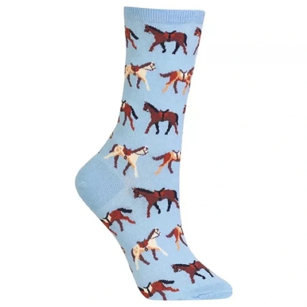 Hot Sox Women’s Horses Fashion Crew Socks Light Blue Brown 9-11 NWT Equestrian
